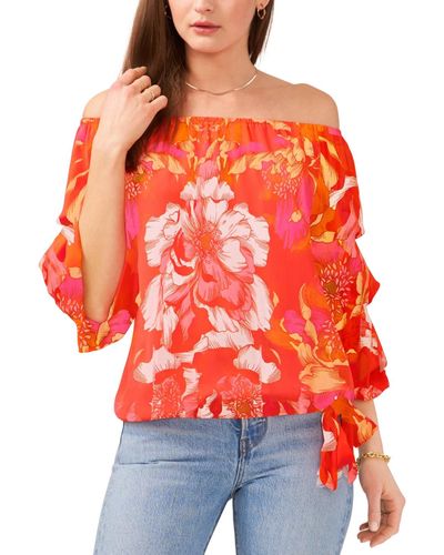Vince Camuto Floral Print Off The Shoulder Bubble Sleeve Tie Front Blouse - Red