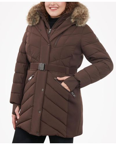 Michael Kors Plus Size Belted Faux-fur-trim Hooded Puffer Coat - Brown