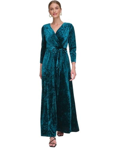 DKNY Crushed-velvet Belted Faux-wrap Gown - Blue