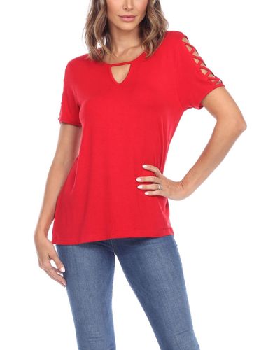 White Mark Keyhole Neck Cutout Short Sleeve Top - Red