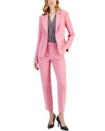 Tahari Single Button Blazer Shirred Split Neck Blouse Slim Fit Pants - Pink