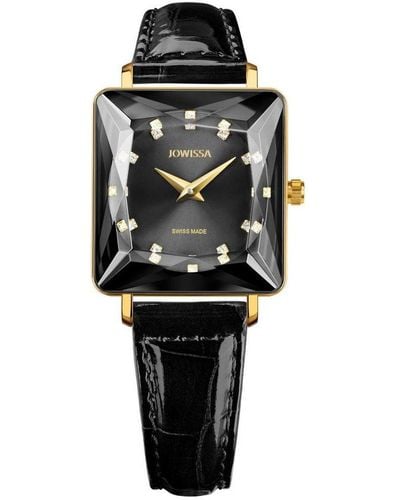 JOWISSA Facet Princess Swiss Gold Plated Ladies 26x27mm Watch - Black