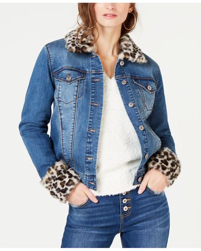 INC International Concepts I.n.c. Leopard-print Faux-fur Trim Denim Jacket, Created For Macy's - Blue