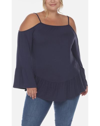 White Mark Plus Size Cold Shoulder Ruffle Sleeve Top - Blue