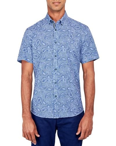 Society of Threads Regular-fit Non-iron Performance Stretch Paisley Check-print Button-down Shirt - Blue