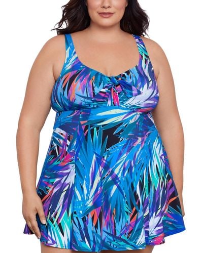 Swim Solutions Plus Size Abstract-print Bow-front Swim Dress - Blue