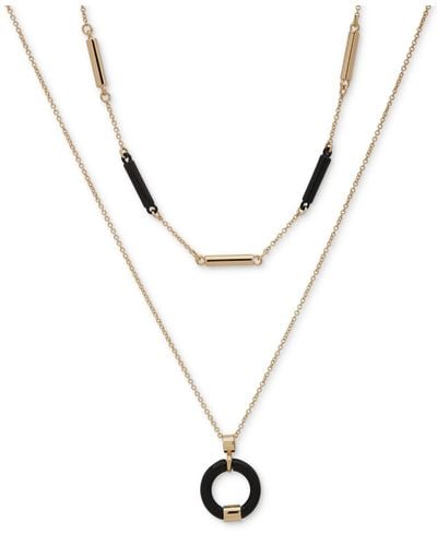 DKNY Gold-tone Black Bar & Circle Layered Pendant Necklace - White
