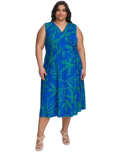 DKNY Plus Size Pebble-knit V-neck Sleeveless A-line Dress - Blue