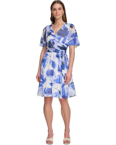 DKNY Petite Printed Flutter-sleeve Tie-waist Fit & Flare Chiffon Dress - Blue