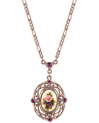 2028 Rose Gold-tone Purple Crystal Flower Pendant Necklace 28" - Metallic