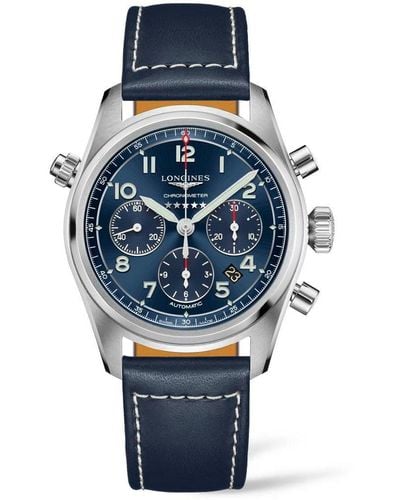 Longines Automatic Spirit Stainless Steel Chronometer Brown Leather Strap Watch 42mm - Blue