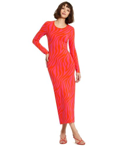 Mac Duggal Fitted Long Sleeve Zebra Print Knit Maxi Dress - Red