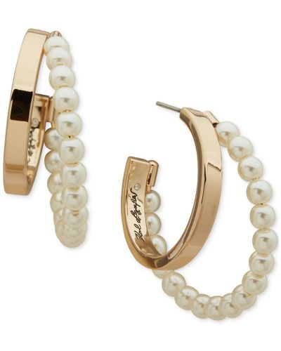 Karl Lagerfeld Gold-tone Imitation Pearl Geometric Medium Hoop Earrings - Metallic
