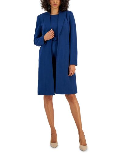 Nipon Boutique Longline Jacket Topper & Belted Sleeveless Sheath Dress - Blue