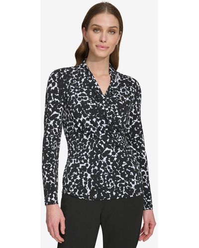 DKNY Prints Side-ruched Long-sleeve Top - Black