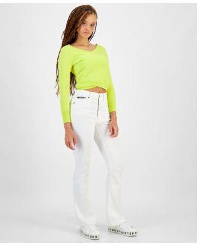DKNY Ribbed Long Sleeve Wrap Sweater High Rise Flare Leg Jeans - White