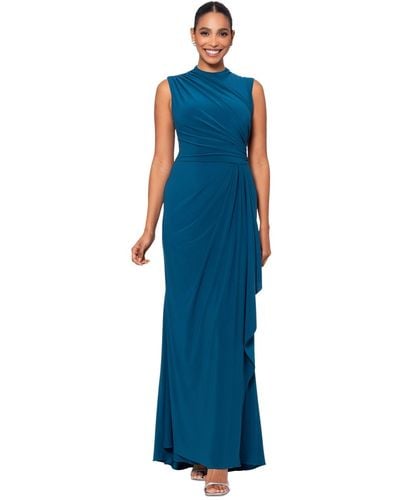 Betsy & Adam Ruched Draped Gown - Blue
