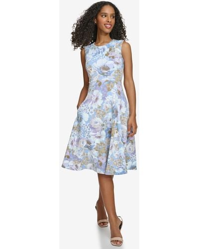Calvin Klein Floral-print Sleeveless Fit & Flare Dress - Blue