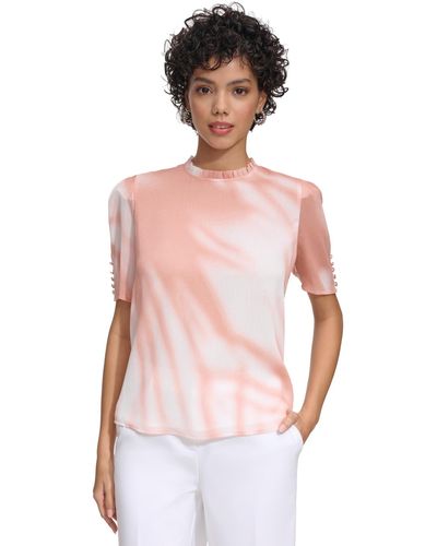 Calvin Klein Petite Dyed Buttoned-cuff Pleated-neck Top - Pink