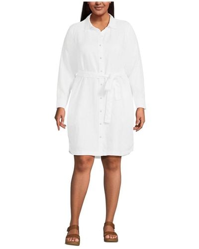 Lands' End Plus Size Long Sleeve Linen Shirt Dress - White