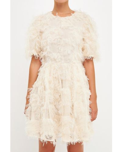 Endless Rose Gridded Mesh Feathered Puff Sleeve Mini Dress - Natural