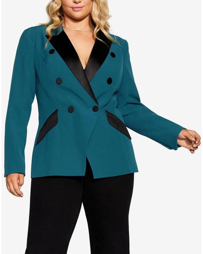 City Chic Plus Size Tuxe Luxe Padded Shoulder Jacket - Blue