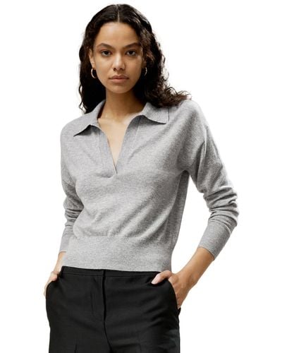 LILYSILK V Neck Cashmere Polo Sweater - Gray