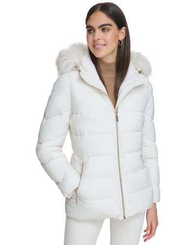 Calvin Klein Stretch Faux-fur-trim Hooded Puffer Coat - White