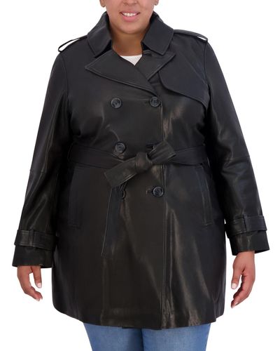 Tahari Plus Size Natalie Belted Leather Trench Coat - Black