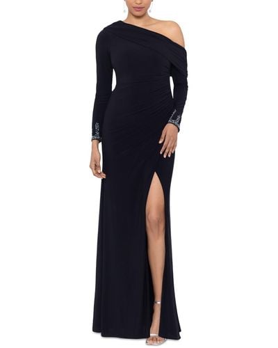 Betsy & Adam Off-one-shoulder Beaded-cuff Gown - Blue