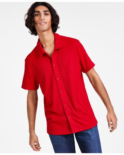 INC International Concepts Rib Knit Button-up Short-sleeve Shirt - Blue