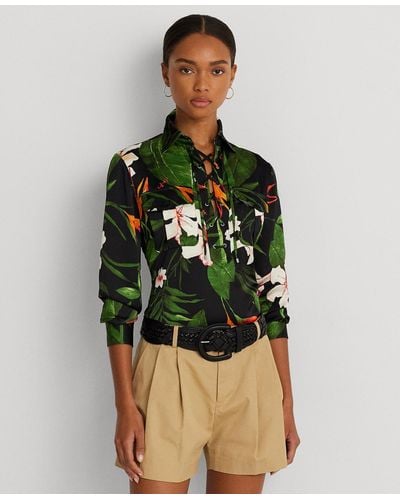 Lauren by Ralph Lauren Petite Tie-front Tropical-print Shirt - Green