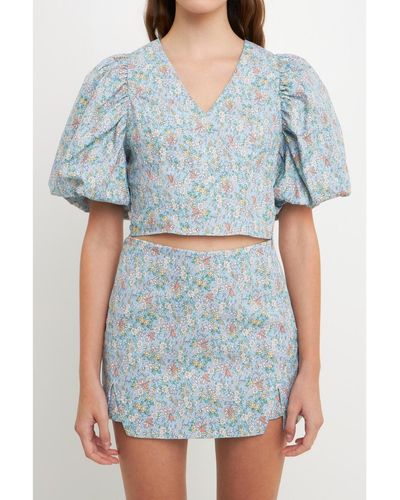 Endless Rose Floral Puff Sleeve Cropped Top - Blue