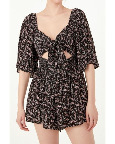 Free the Roses Floral Tied Detail Romper - Black