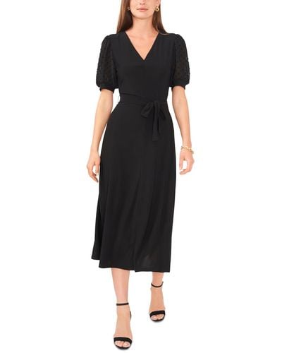 Msk Petite Puff-sleeve Belted Midi Dress - Black