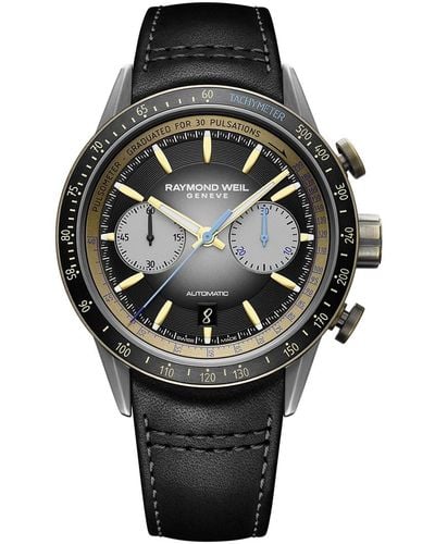 Raymond Weil Swiss Automatic Chronograph Freelancer Leather Strap Watch 43.5mm - Black