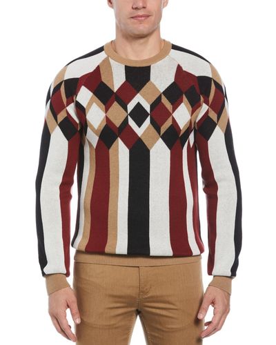 Perry Ellis Placed Pattern Crewneck Pullover Sweater - Red