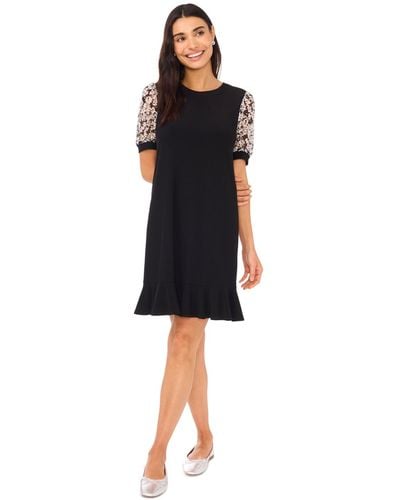 Cece Mixed Media Sheer Floral Puff Sleeve Knit Dress - Black