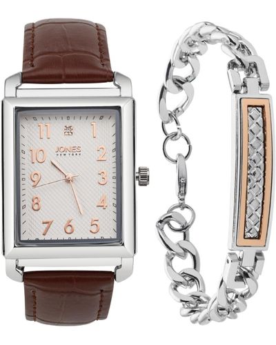 Jones New York Analog Brown Croc Leather Strap Watch 33mm Bracelet Gift Set - White