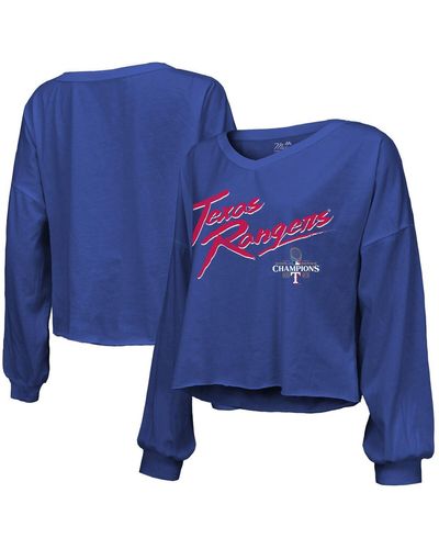 Majestic Threads Texas Rangers 2023 World Series Champions Off-shoulder Script Cropped Long Sleeve V-neck T-shirt - Blue