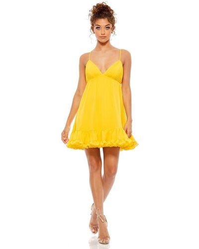 Mac Duggal Ieena Ruffle V-neck Criss-cross Mini Dress - Yellow