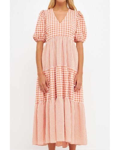 English Factory Gingham Check Combination Midi Dress - Pink