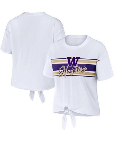 WEAR by Erin Andrews Washington Huskies Striped Front Knot Cropped T-shirt - White