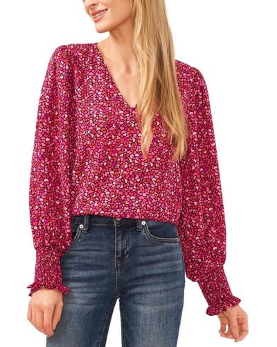 Cece Printed Long-sleeve Smocked-cuff Blouse - Red