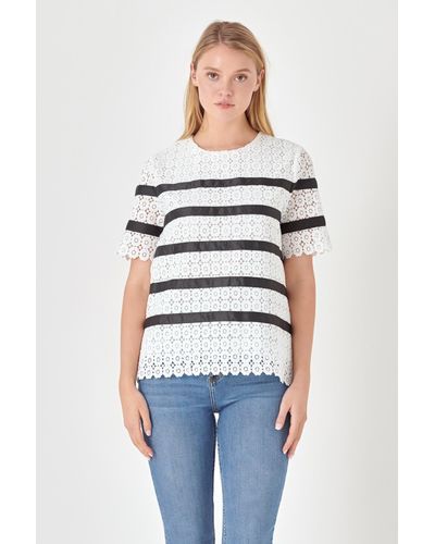 English Factory Lace Striped Top - White