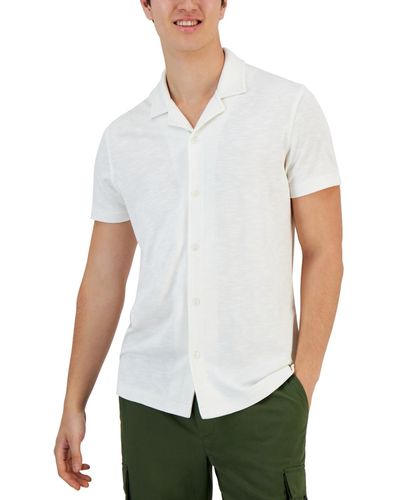 Alfani Slub Pique Textured Short-sleeve Camp Collar Shirt - White