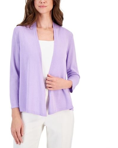 Kasper Solid Soft-edge A-line Cardigan Sweater - Purple
