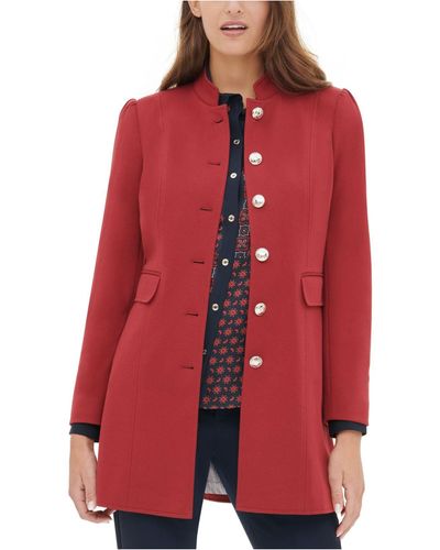 Tommy Hilfiger Mandarin Collar Ponte Button Front Military Topper Jacket - Red