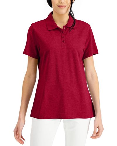 KAREN SCOTT SPORT Red/White Striped Polo Shirt w/ Collar Ladies Sz M 3/4  sleeve
