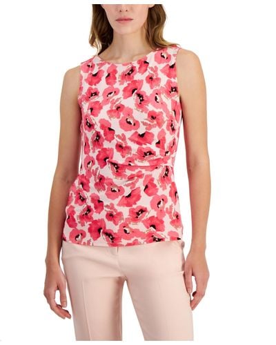 Anne Klein Floral-print Side-pleat Shell Top - Red